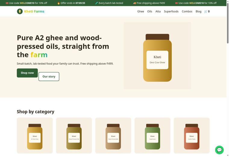 Kheti Farms website homepage